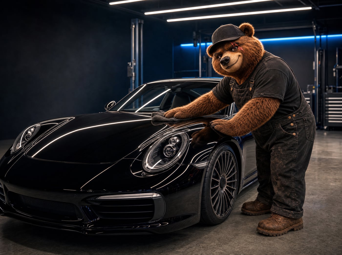 The Scarline bear mascot polishing the hood of a glossy black coupe