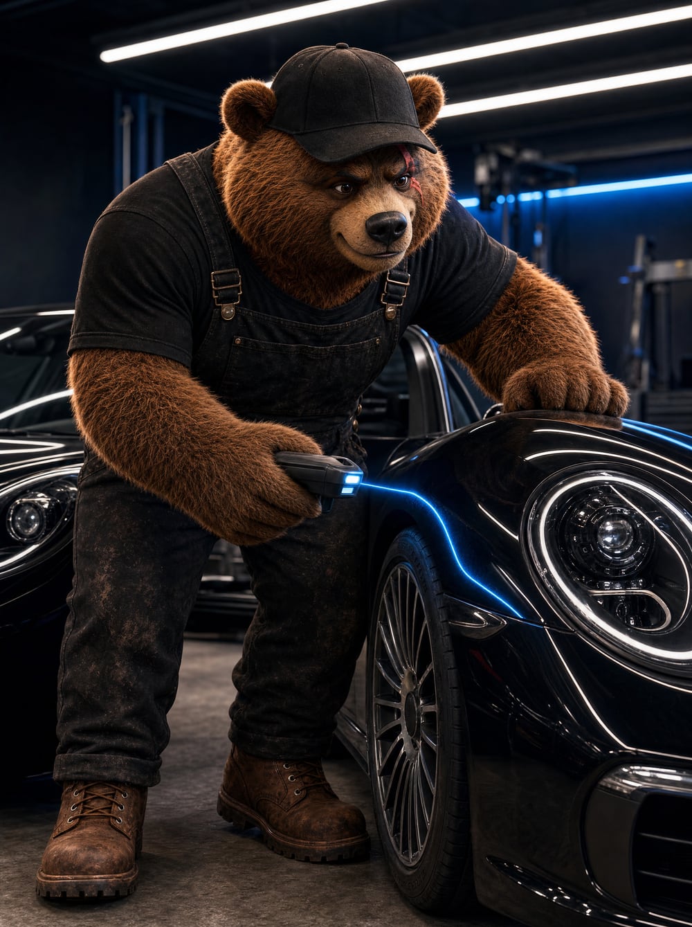 The Scarline bear checking a fender with a handheld scanner